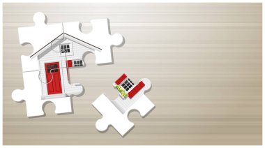Rüya ev kavram bulmaca ev ahşap tahta arka plan, vektör, illüstrasyon