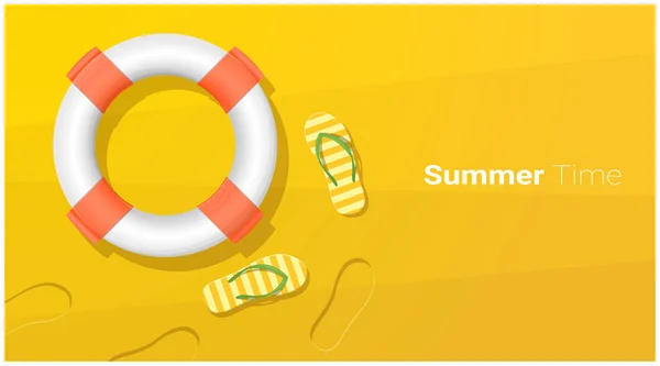 Hello Summer Season Background Sandals Lifebuoy Tropical Beach Vector Illustration — стоковый вектор