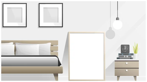 Mock Poster Frame Bedroom Interior Background Vector Illustration — Stock Vector