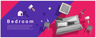 Yatay iç afiş satış ile gezinip renkli arka plan, vektör, illüstrasyon yatak odası mobilya