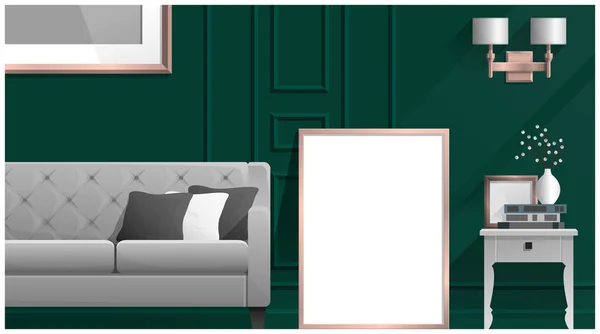 Mock Poster Frame Living Room Interior Background Vector Illustration — Stock Vector