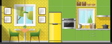 Yemek odası ve mutfak, vektör, resimde de dahil olmak üzere ev iç bölüm arka plan