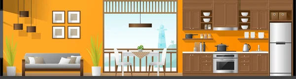 Haus Innenteil Panorama Hintergrund Einschließlich Wohnzimmer Esszimmer Und Küche Vektor — Stockvektor