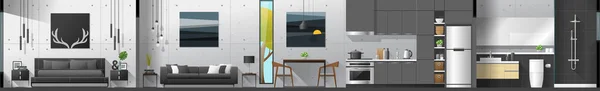 リビング ルーム ダイニング ルーム キッチン バスルーム ベクトル図を含む家インテリア セクション パノラマ — ストックベクタ