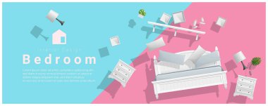 Yatay iç afiş satış ile gezinip renkli arka plan, vektör, illüstrasyon yatak odası mobilya