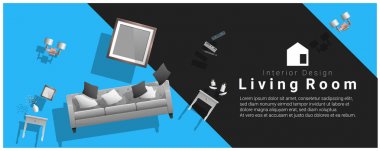 Yatay iç afiş satış ile gezinip renkli arka plan, vektör, resimde oturma odası mobilyaları
