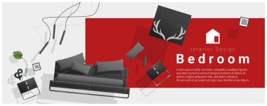 Yatay iç afiş satış ile gezinip renkli arka plan, vektör, illüstrasyon yatak odası mobilya