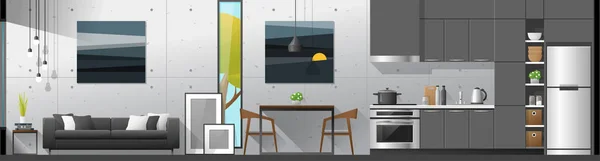 Haus Innenteil Panorama Hintergrund Einschließlich Wohnzimmer Esszimmer Und Küche Vektor — Stockvektor