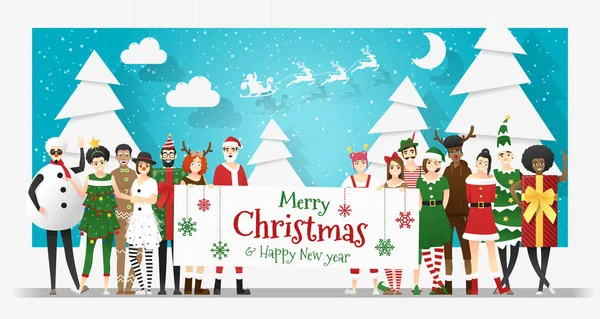 身穿圣诞服装的青少年团体持板与文本圣诞快乐和新年快乐 图库插图