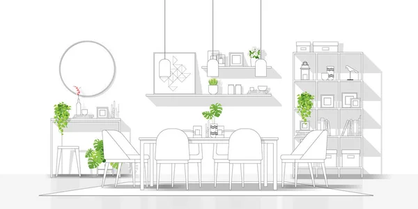 带有现代餐厅的室内设计 用黑线素描 白色背景 免版税图库矢量图片
