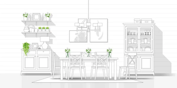 带有现代餐厅的室内设计 用黑线素描 白色背景 矢量图形