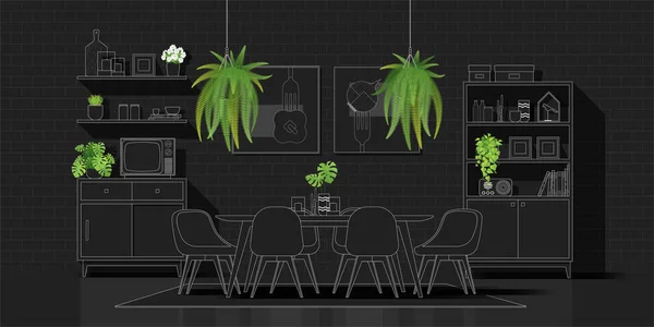 Innenarchitektur Mit Modernem Speisesaal Weißer Linienskizze Auf Schwarzem Hintergrund Vektor Stockillustration