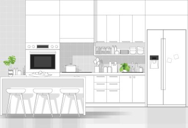 Beyaz zemin, vektör ve illüstrasyon üzerine siyah çizgili modern mutfak ile iç tasarım