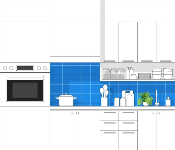 Interieur Met Moderne Keuken Zwarte Lijn Schets Kleurrijke Achtergrond Vector — Stockvector