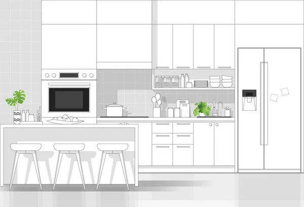 Inneneinrichtung Mit Moderner Küche Schwarzer Linienskizze Auf Weißem Hintergrund Vektor — Stockvektor