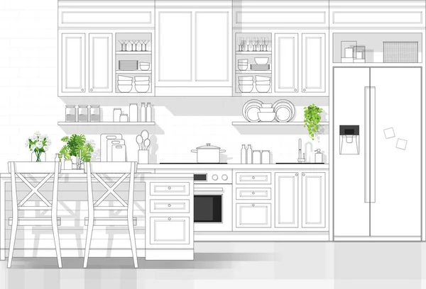 Inneneinrichtung Mit Moderner Küche Schwarzer Linienskizze Auf Weißem Hintergrund Vektor — Stockvektor
