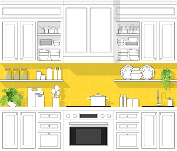 深色线条素描现代厨房室内设计 色彩斑斓的背景 免版税图库插图