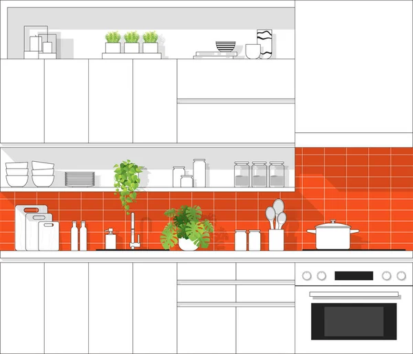 Innenarchitektur Mit Moderner Küche Schwarzer Linienskizze Auf Buntem Hintergrund Vektor — Stockvektor