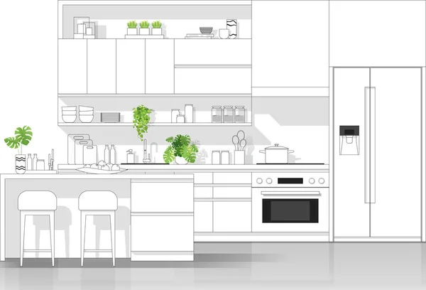 Inneneinrichtung Mit Moderner Küche Schwarzer Linienskizze Auf Weißem Hintergrund Vektor Stockvektor