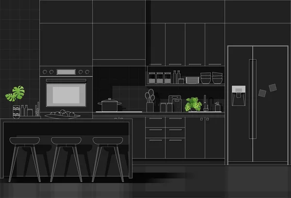 Inneneinrichtung Mit Moderner Küche Weißer Linienskizze Auf Schwarzem Hintergrund Vektor lizenzfreie Stockvektoren