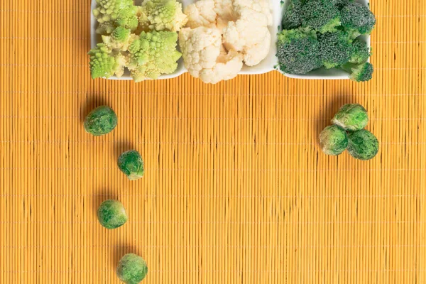 Fresh Organic Mix Brussels Sprout Broccoli Cauliflower Romanesque White Bowl — Stock Photo, Image