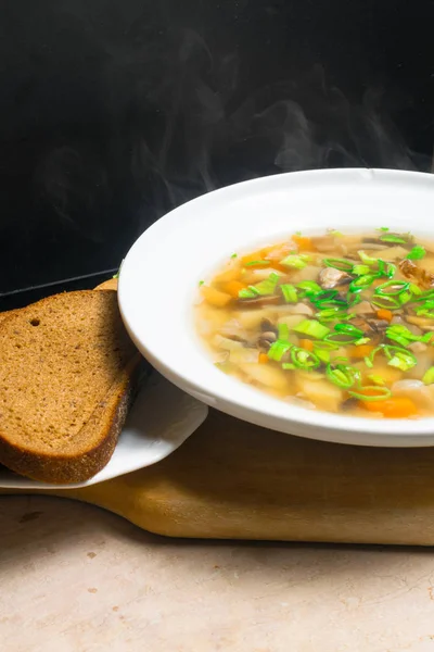 Deliciosa sopa na tigela com cogumelos e verduras — Fotografia de Stock