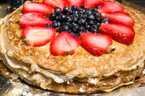 Stack Freshly Prepared Traditional Delicious Pancakes Strawberries Blueberrys Condenset Milk — Stock Photo, Image