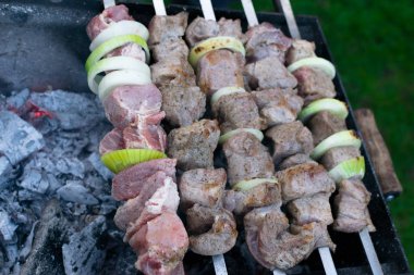 Şiş kebap ızgarada kızarıyor. Barbekü partisi. Yakın plan..