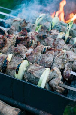 Şiş kebap ızgarada kızarıyor. Barbekü partisi. Yakın plan..