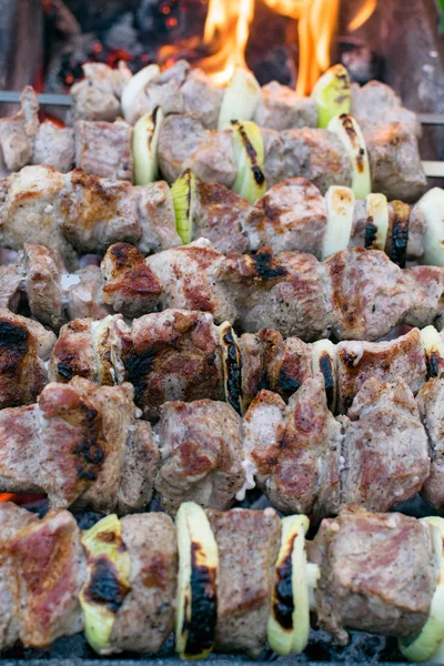 Pieczenie kebab Shish na grillu. Impreza grillowa. Zbliżenie. — Zdjęcie stockowe