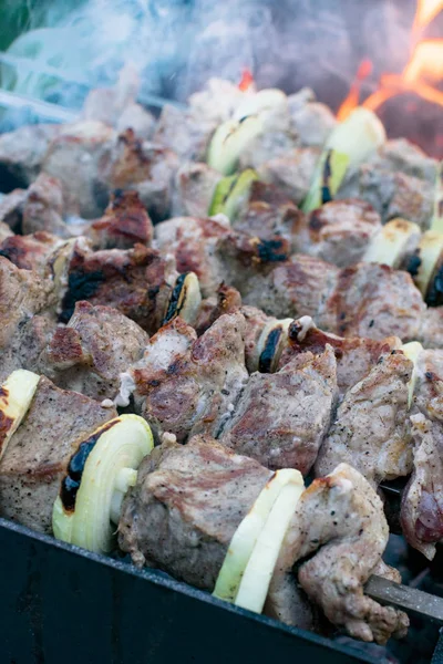 Shish kebab assar na grelha. Festa de churrasco. Close-up. — Fotografia de Stock