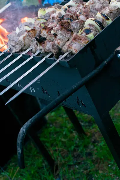 Szaszłyk z mięsa Shish na metalowym szpikulca jest prażenie na grillu. Impreza grillem. Zbliżenie. Grill z cebulą. Sezon barbucue — Zdjęcie stockowe