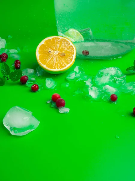 레모네이드 는 소다 수, 감귤 류, 민트 조각, 박하 잎, 붉은 크랜 베리와 얼음을 마신다. 비타민 C 가풍 부 한 건강하고 청량 음료 — 스톡 사진