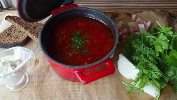 Domowej roboty czerwony barszcz w czerwonym garnku zupy. Tradycyjna ukraińska zupa z koperkiem, pietruszką, plasterkami chleba, smalec, kwaśny — Wideo stockowe