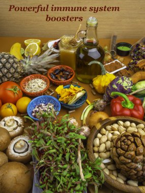 Renkli gıdalar ve haplar antioksidan, vitamin ve lif içerir. Bağışıklık güçlendirici ürünler. Sağlıklı ve temiz bir kavram. Süperyiyecekler