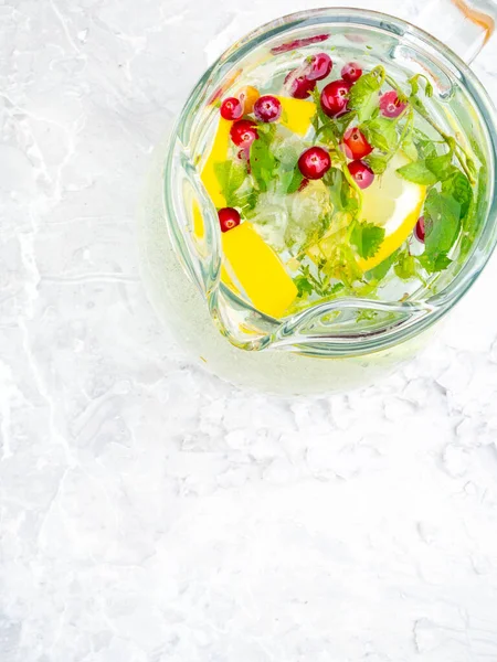 라임, 레몬, 박하 잎, 크랜 베리와 함께 레모네이드 주스. 신선 한 여름 얼음 음료, 독수, 얼음, 유리 주전자 — 스톡 사진