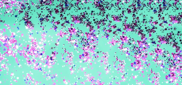 Ünnepi neo menta felület csillogó lila és kék konfettivel. Lapos fektetés. — Stock Fotó