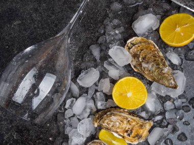 Şarap ya da şampanya için limonlu taze istiridye.