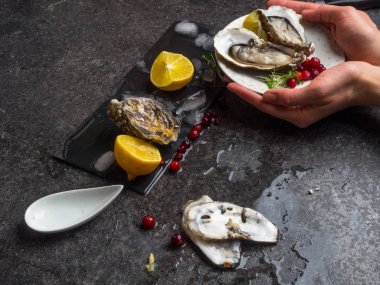 Bir erkeğin elinde açık istiridye, arka planda açık istiridye, yakın plan.