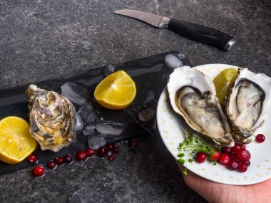 Bir erkeğin elinde açık istiridye, arka planda açık istiridye, yakın plan.