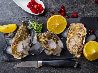 Limonlu taze istiridye, yaban mersini, taş masadaki bıçak, üst manzara.