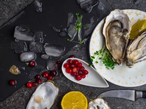 Ostriche a forma di cuore in piatto con limone, mirtilli rossi, microverdi, coltello, conchiglie su marmo . — Foto Stock