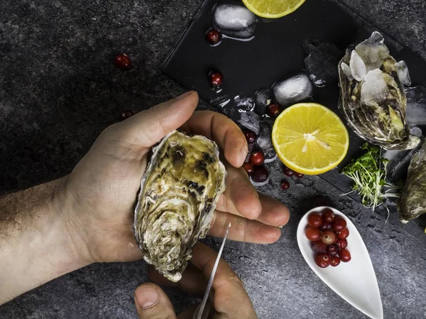 Een man met een mes opent een verse oester. Donkere stenen achtergrond met citroen, ijs, bessen, selectieve focus. — Stockfoto