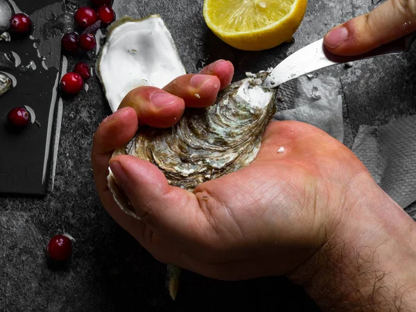 Bıçaklı bir adam taze bir istiridye açar. Limonlu, buzlu, dutlu, seçici odaklı koyu taş arka plan. — Stok fotoğraf