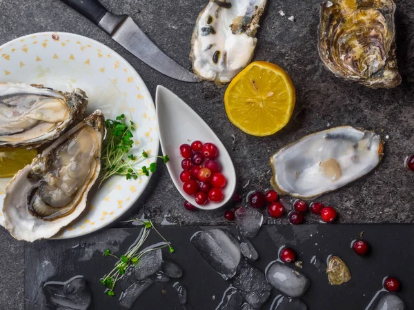 Ostriche a forma di cuore in piatto con limone, mirtilli rossi, microverdi, coltello, conchiglie su marmo . — Foto Stock