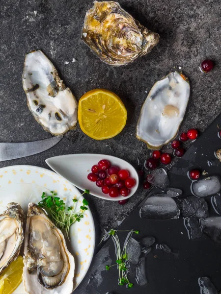 Ostras en forma de corazón en plato con limón, arándanos, microgreens, cuchillo, conchas en mármol . — Foto de Stock