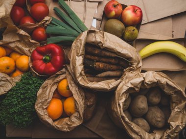 Sağlıklı yiyecek, temiz yemek seçimi meyvesi ve sebze çevre dostu paket yeniden kullanılabilir plastik sıfır atık yaşam tarzı, sıfır atık