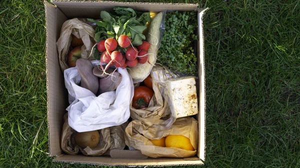 stock image grocery packaging reusable paper shopping eco box with healthy food, clean eating selection. Eco-friendly, Plastic free Zero waste lifestyle, selective focus