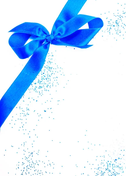 Beautiful Blue Satin Gift Bow Glitters Isolated White Festive Card — Stock Photo, Image