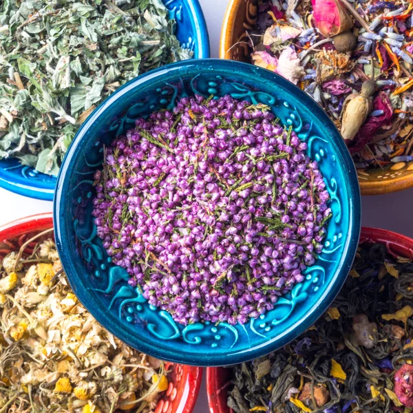 Santé Heather Fleurs Séchées Thé Différentes Herbes Fond Homéopathie Phytothérapie — Photo